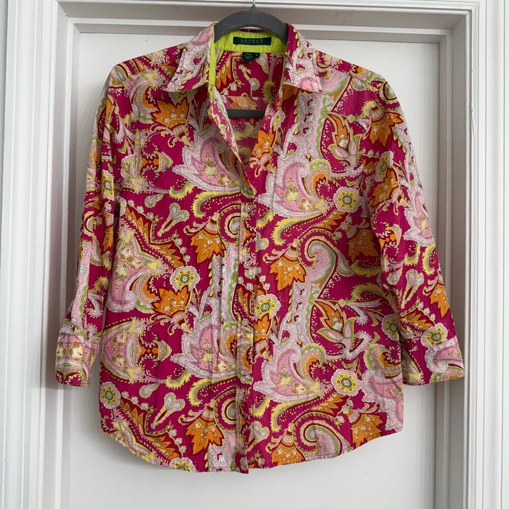 Lauren Ralph Lauren Paisley Cotton Button Up Neon Pink Green Funky Retro Sz M